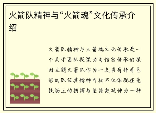 火箭队精神与“火箭魂”文化传承介绍