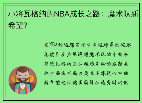 小将瓦格纳的NBA成长之路：魔术队新希望？